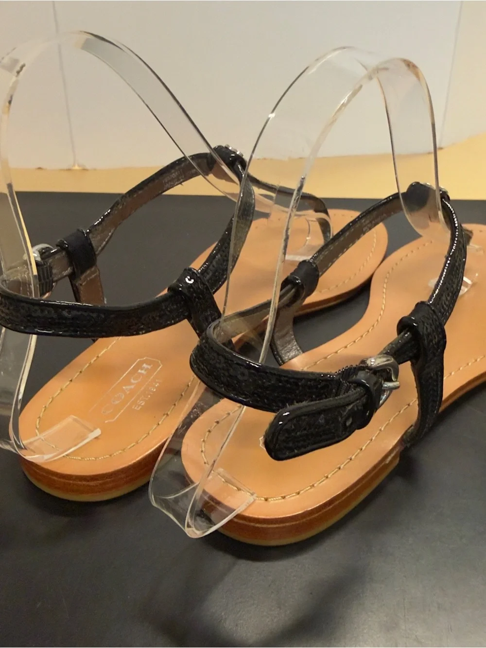 Coach Rolanda Black Leather T-Strap Sandals Size 7